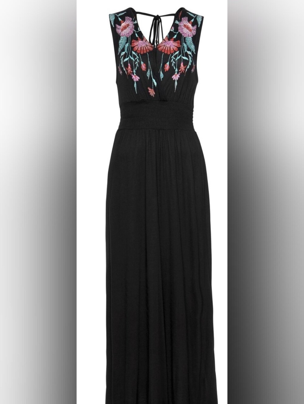 Black Maxi Dress with Pink Floral Embroidery - Women